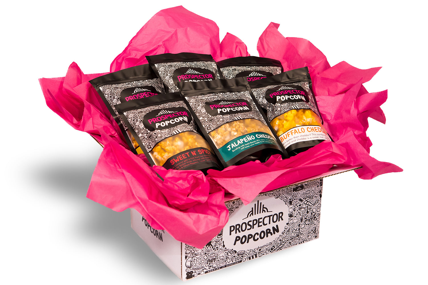 A gourmet popcorn gift box sits on a white background to show off the spicy flavors inside.