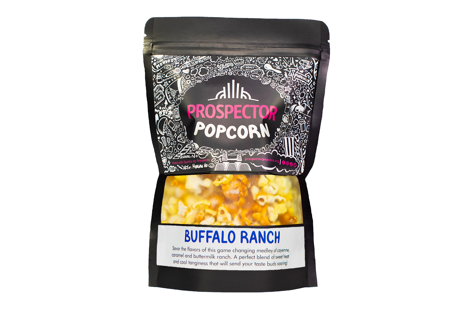 A bag of Buffalo Ranch gourmet popcorn sits on a white background.