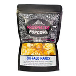 A bag of Buffalo Ranch gourmet popcorn sits on a white background.