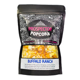 A bag of Buffalo Ranch gourmet popcorn sits on a white background.