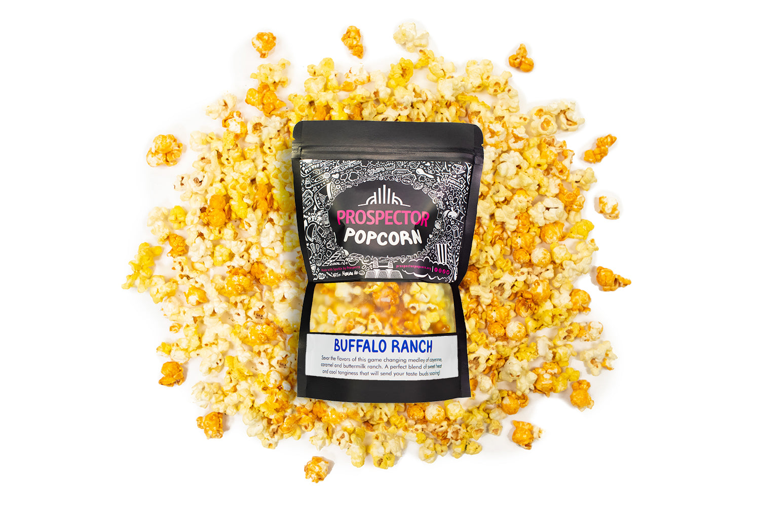 A bag of Buffalo Ranch gourmet popcorn lays on a pile of its own popcorn.