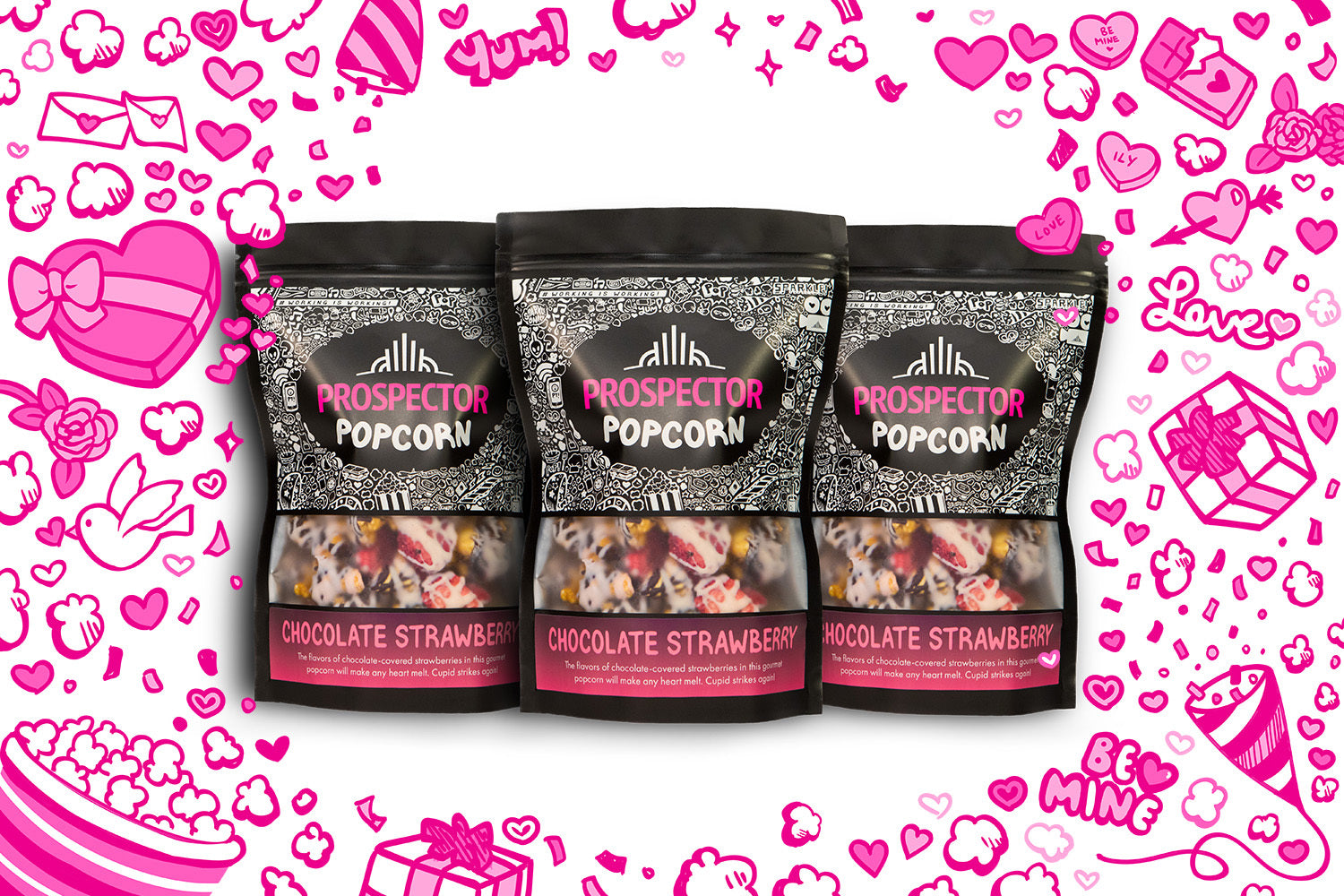 3 pack of Chocolate Strawberry gourmet Prospector Popcorn.