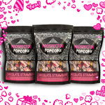 3 pack of Chocolate Strawberry gourmet Prospector Popcorn.