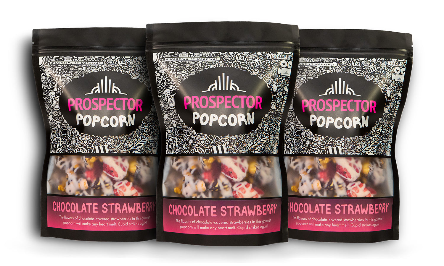 3 pack of Chocolate Strawberry gourmet Prospector Popcorn.