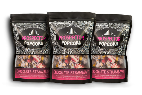 3 pack of Chocolate Strawberry gourmet Prospector Popcorn.