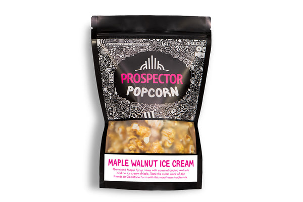 A bag of Maple Walnut Ice Cream Gourmet Popcorn sits on a white background