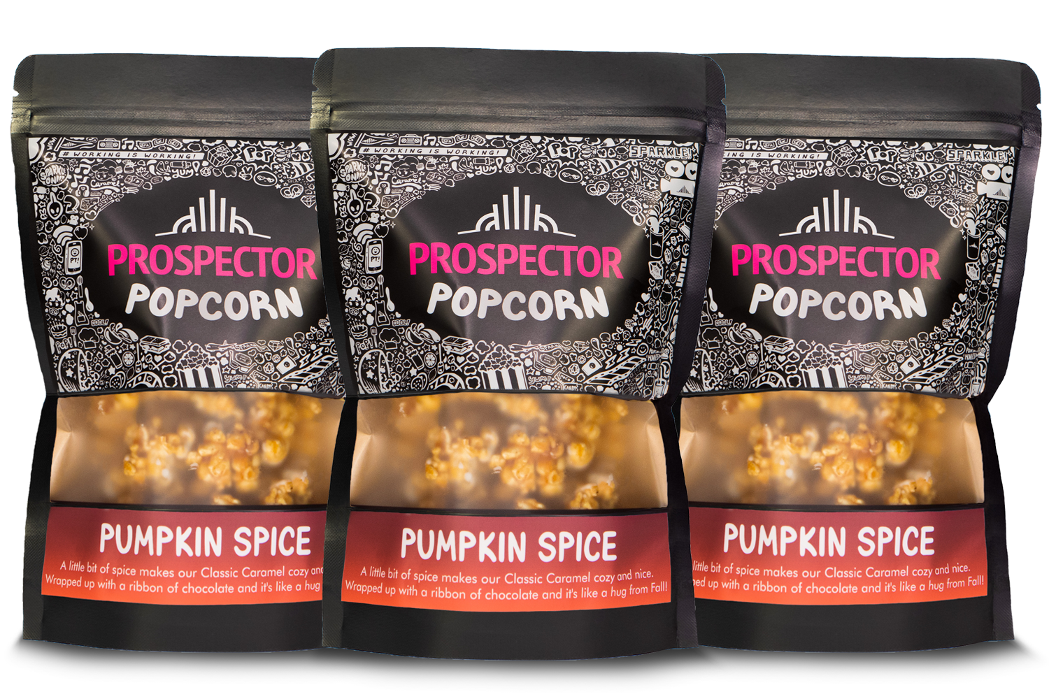 Three bags of Prospector Popcorn Pumpkin Spice flavor on a white background