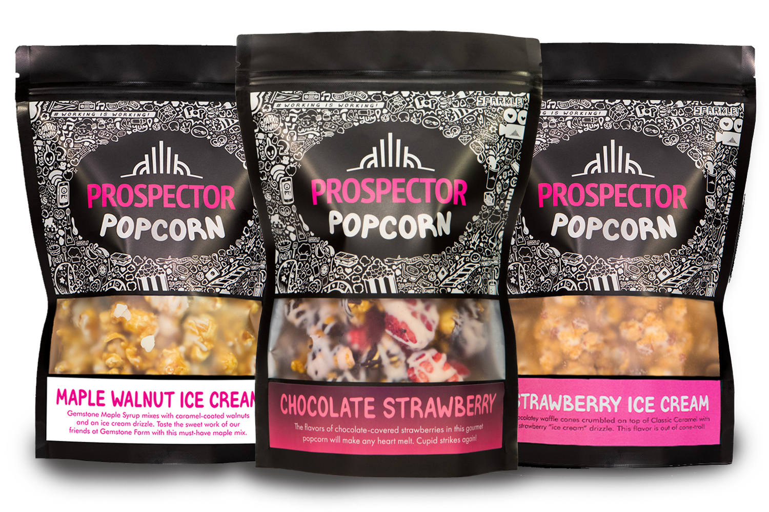 Three bags of Prospector Popcorn are shown. The flavors are Maple Walnut Ice Cream, Chocolate Strawberry, and Strawberry Ice Cream. 