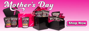 Banner with words Mothers Day and shop now appearing above four pink and black gift boxes. Bags of gourmet popcorn appear in front of and in the gift boxes.